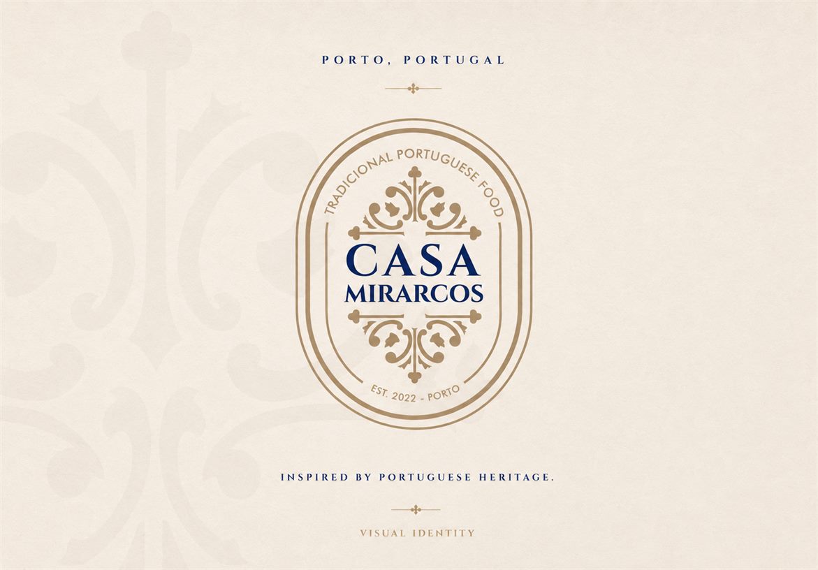 Casa Mirarcos heritage restaurant logo on a cream poster with ornamental Portuguese detailing