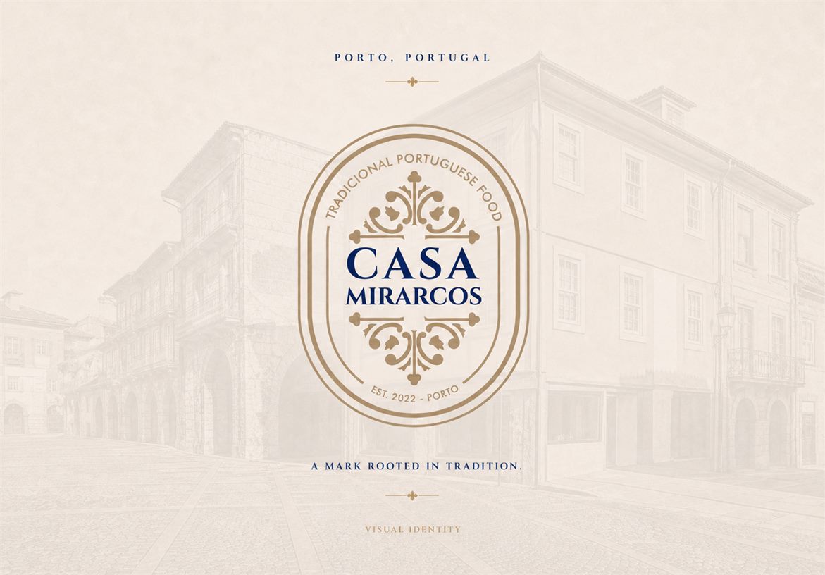 Casa Mirarcos logo over a soft cream facade background referencing historic Porto architecture