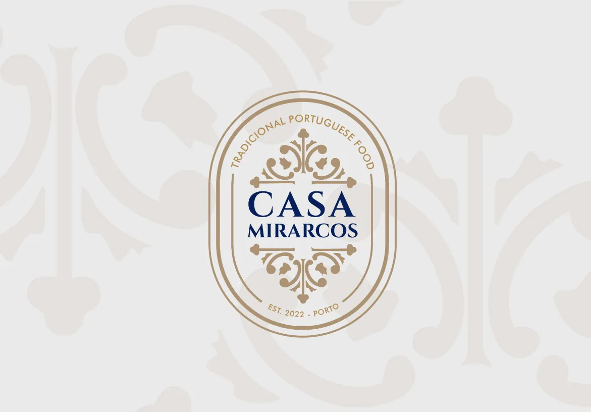 Casa Mirarcos main logo in gold and blue on a cream background with subtle ornamental pattern