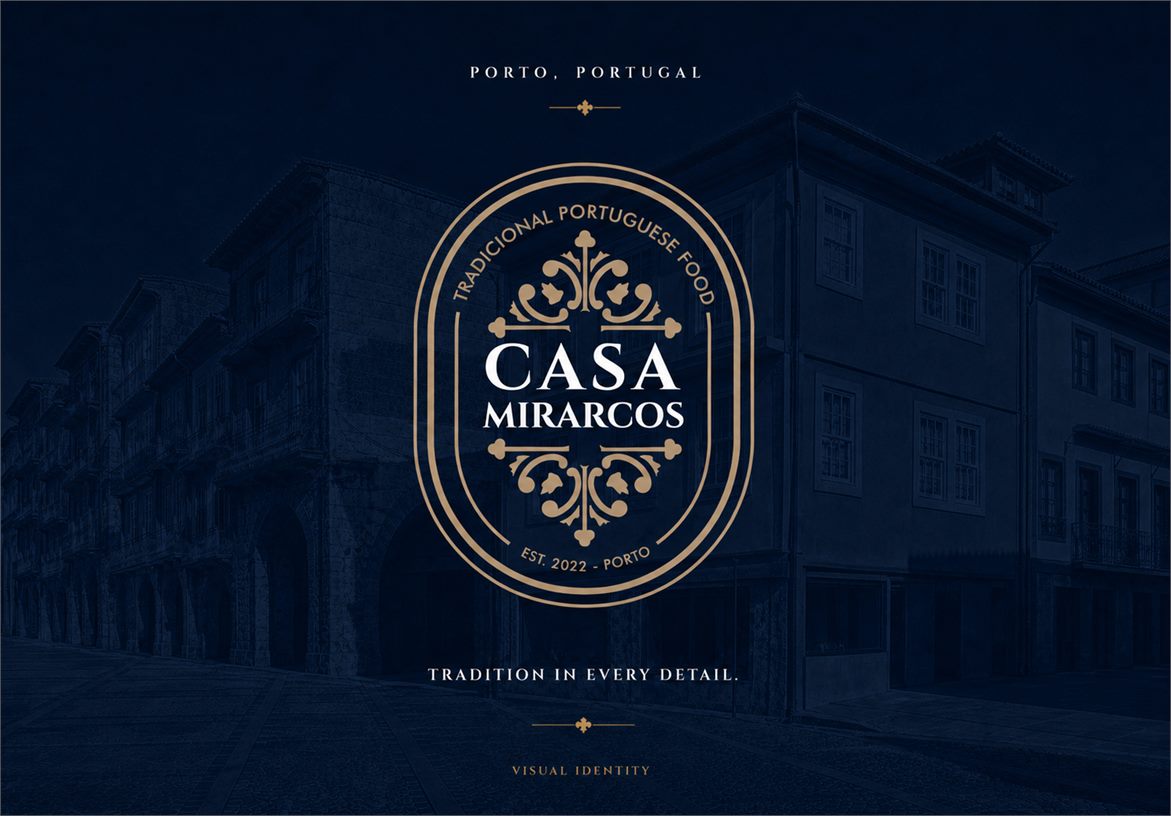 Casa Mirarcos navy heritage logo poster with a dark Porto street background