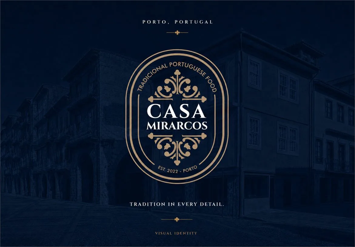 Casa Mirarcos navy heritage logo poster with a dark Porto street background