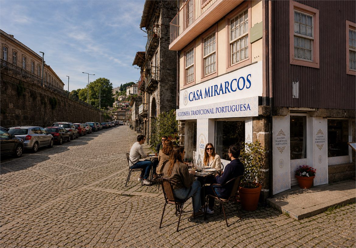 Casa Mirarcos daytime restaurant facade with exterior signage in historic Porto