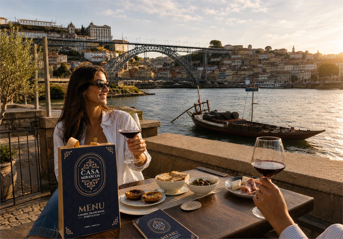 Casa Mirarcos branded menu and table setting beside the Douro riverside in Porto