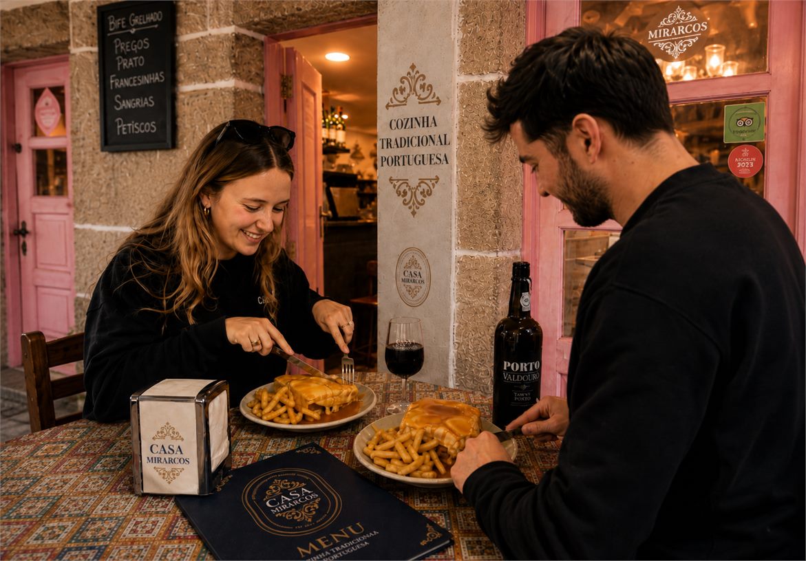 Casa Mirarcos table service scene with branded napkin holder menu and Portuguese food