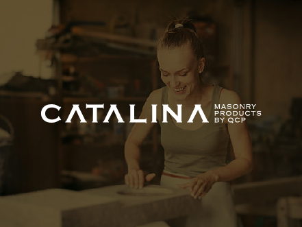 White Catalina Masonry Products logo overlaid on a warm, artisanal workshop scene showing a craftsperson finishing precast concrete.