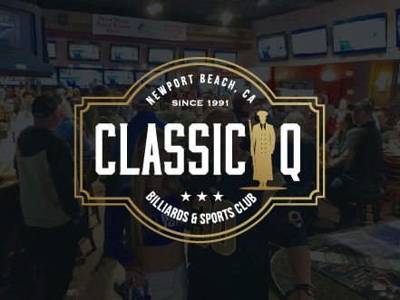 Classic Q Billiards & Sports Club logo in gold and black, overlaid on a photo of a lively sports bar atmosphere in Newport Beach.