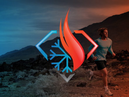 Cold Fusion Club logo, combining a flame and ice icon, dynamically overlaid on an image of a runner in a desert landscape with split warm orange and cool blue lighting.