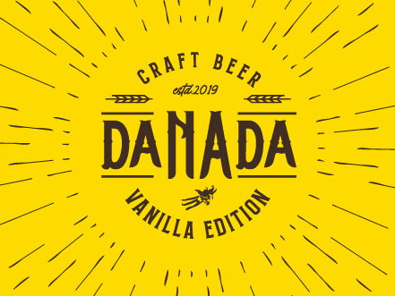Bright yellow label branding for Danada Craft Beer Vanilla Edition, featuring vintage typography, wheat icons, and a sunburst background pattern.