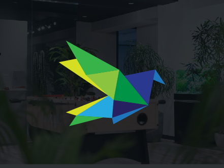 Geometric origami bird logo for Digitalift overlaid on a modern office background in Tokyo, representing agile digital marketing solutions.