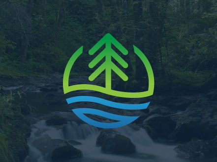 Logo for Falls Creek Retreat Center, featuring a green tree above blue wavy lines representing water and a peaceful forest setting
