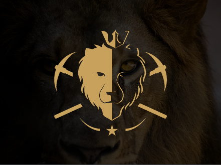 Gold lion head logo for Fenelon Gold Corp featuring crossed mining picks, overlaying a dramatic close-up of a lion's face in shadow.