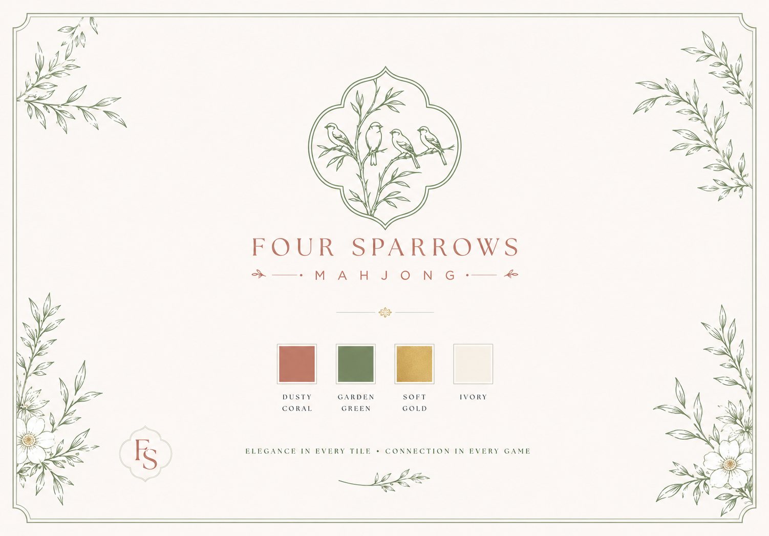 Four Sparrows Mahjong expanded palette guide with dusty coral, garden sage, brushed gold, and ivory color references