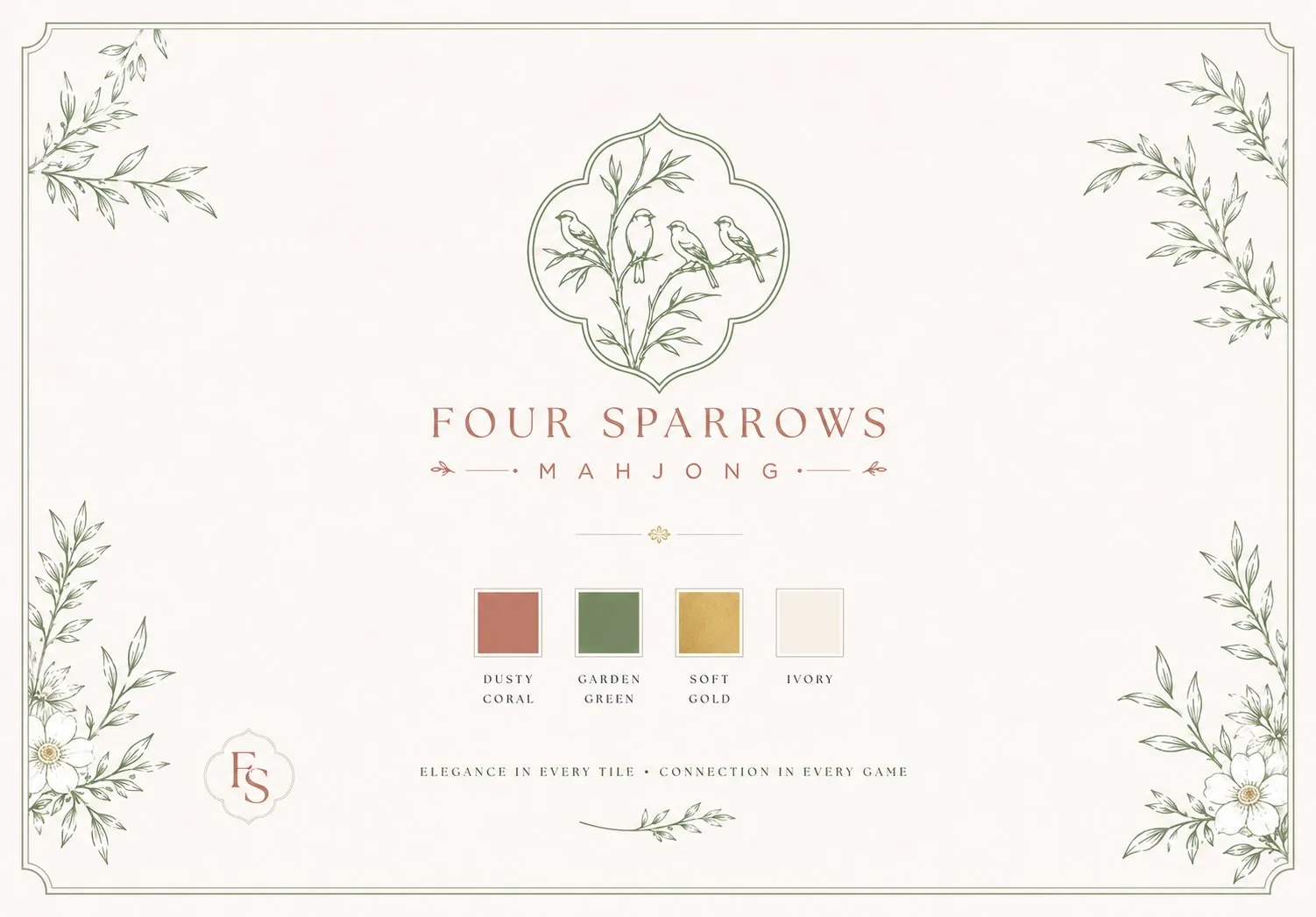 Four Sparrows Mahjong expanded palette guide with dusty coral, garden sage, brushed gold, and ivory color references