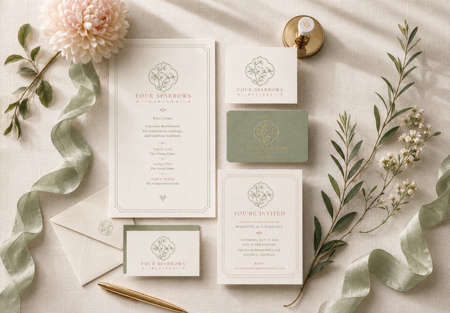 Four Sparrows Mahjong invitation suite with menu cards, membership cards, envelopes, and sage green branded details