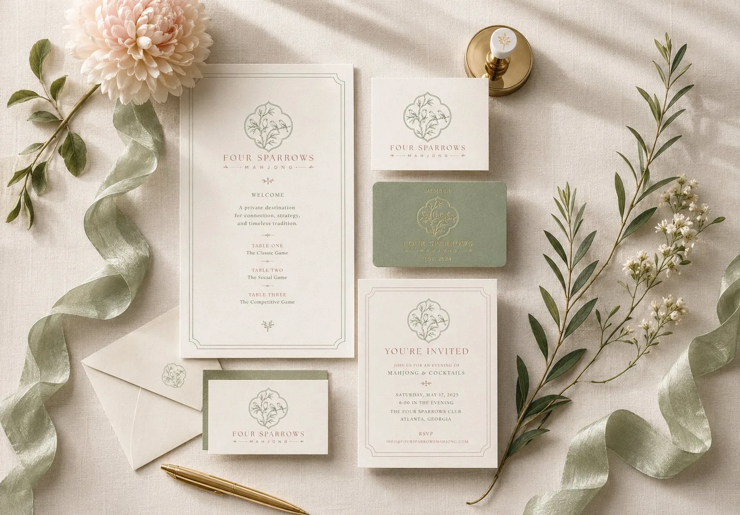 Four Sparrows Mahjong invitation suite with menu cards, membership cards, envelopes, and sage green branded details