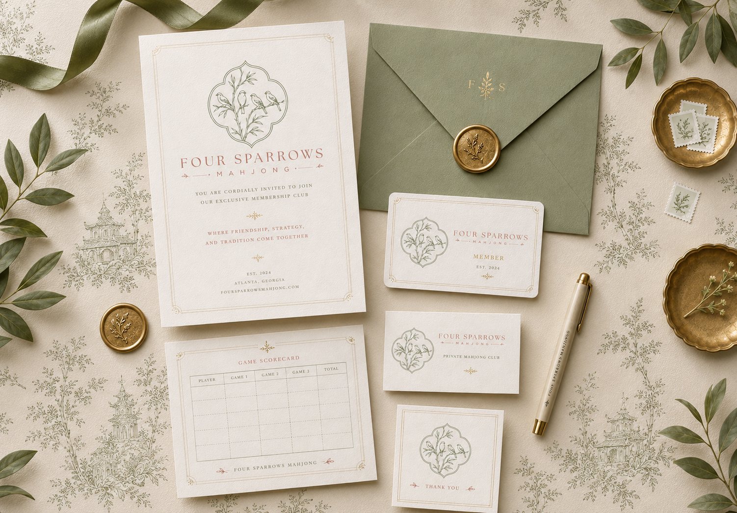 Four Sparrows Mahjong stationery layout with invitation, score sheet, business cards, wax seal, and sage envelope