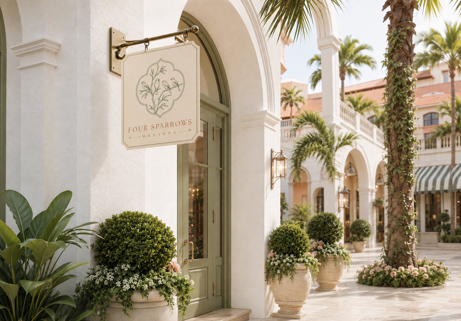 Four Sparrows Mahjong exterior hanging sign at Mizner Park in Boca Raton with palms and resort-style architecture