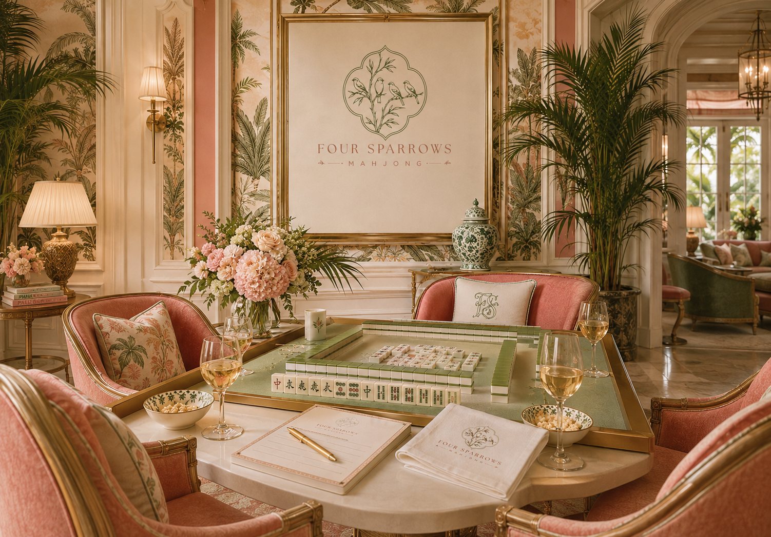 Four Sparrows Mahjong lounge interior with logo artwork, palms, flowers, coral chairs, and mahjong table setting