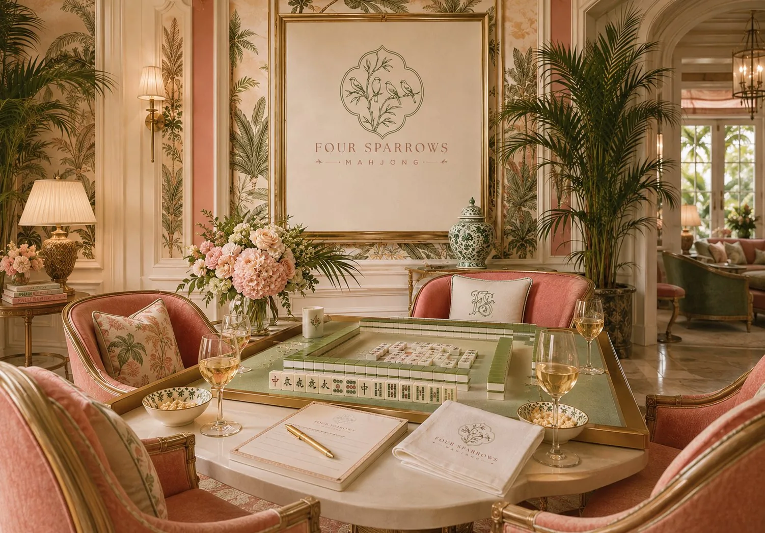 Four Sparrows Mahjong lounge interior with logo artwork, palms, flowers, coral chairs, and mahjong table setting