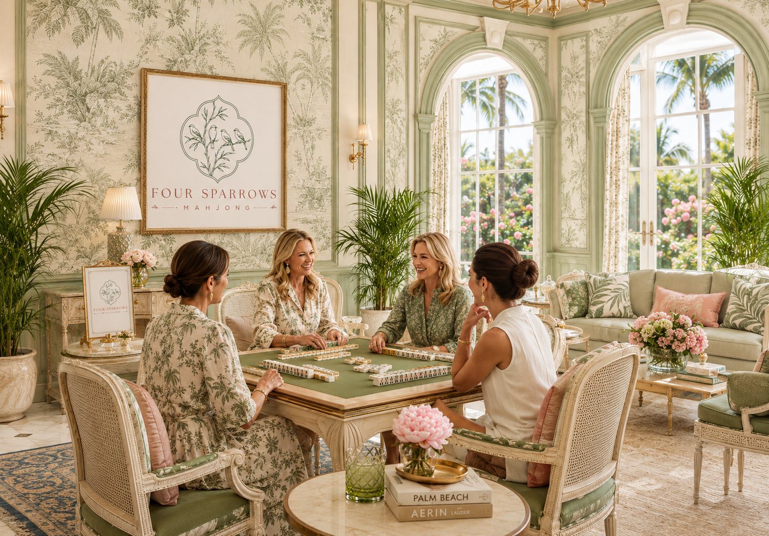 Four Sparrows Mahjong parlor scene with women playing mahjong in a refined tropical social club interior