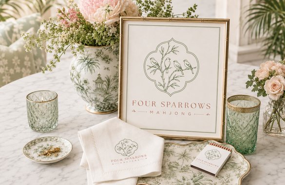 Four Sparrows Mahjong refined hospitality logo and brand identity mockup