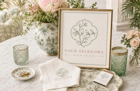 Four Sparrows Mahjong refined hospitality logo and brand identity mockup
