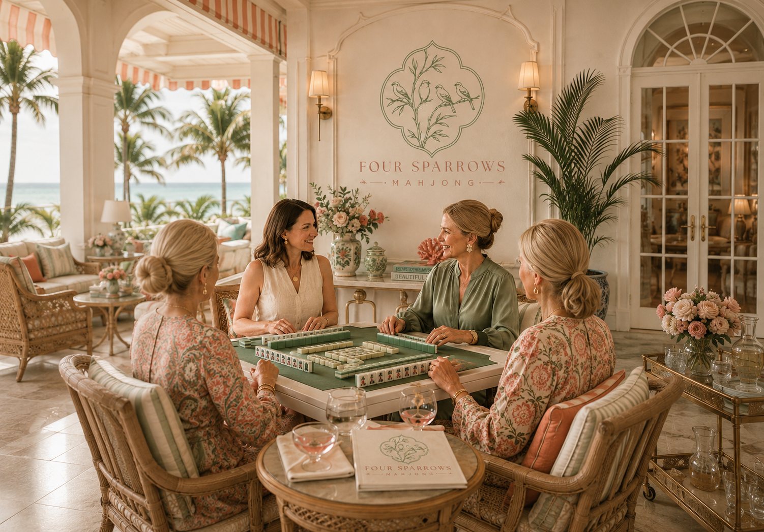 Four Sparrows Mahjong social game room with women seated around a mahjong table in a luxury resort-inspired interior