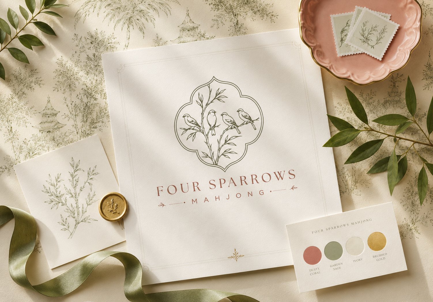 Four Sparrows Mahjong logo and stationery flatlay with sage green, dusty pink, ivory, and gold brand materials