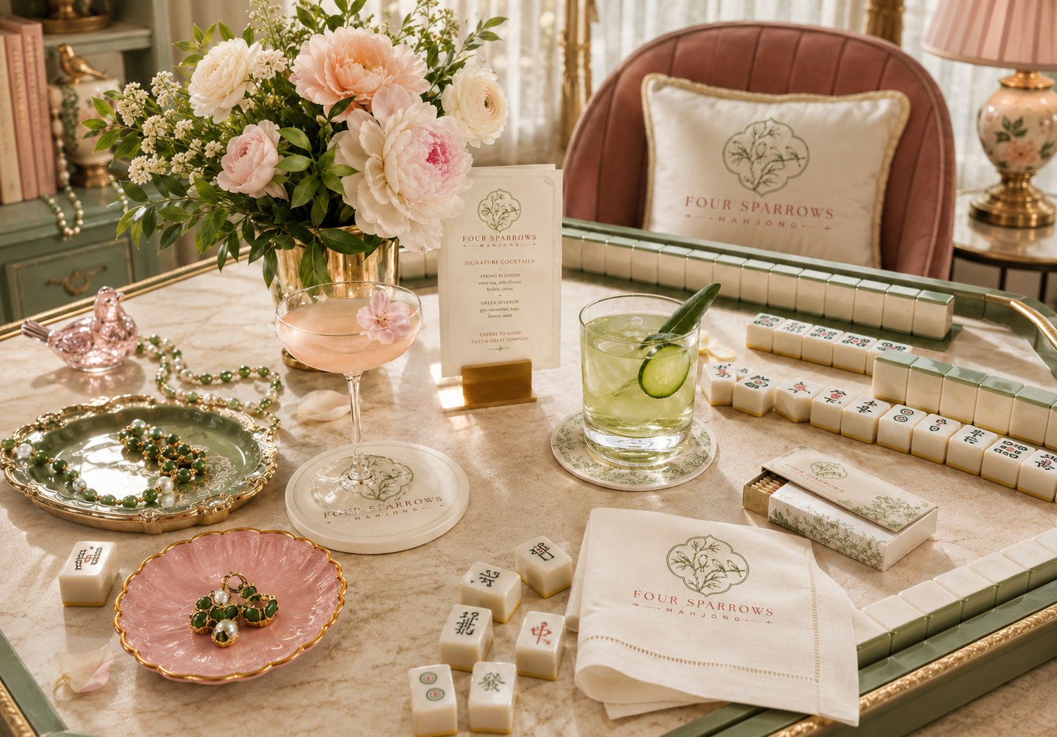 Four Sparrows Mahjong table service with branded napkins, cocktails, jewelry, flowers, and mahjong tiles