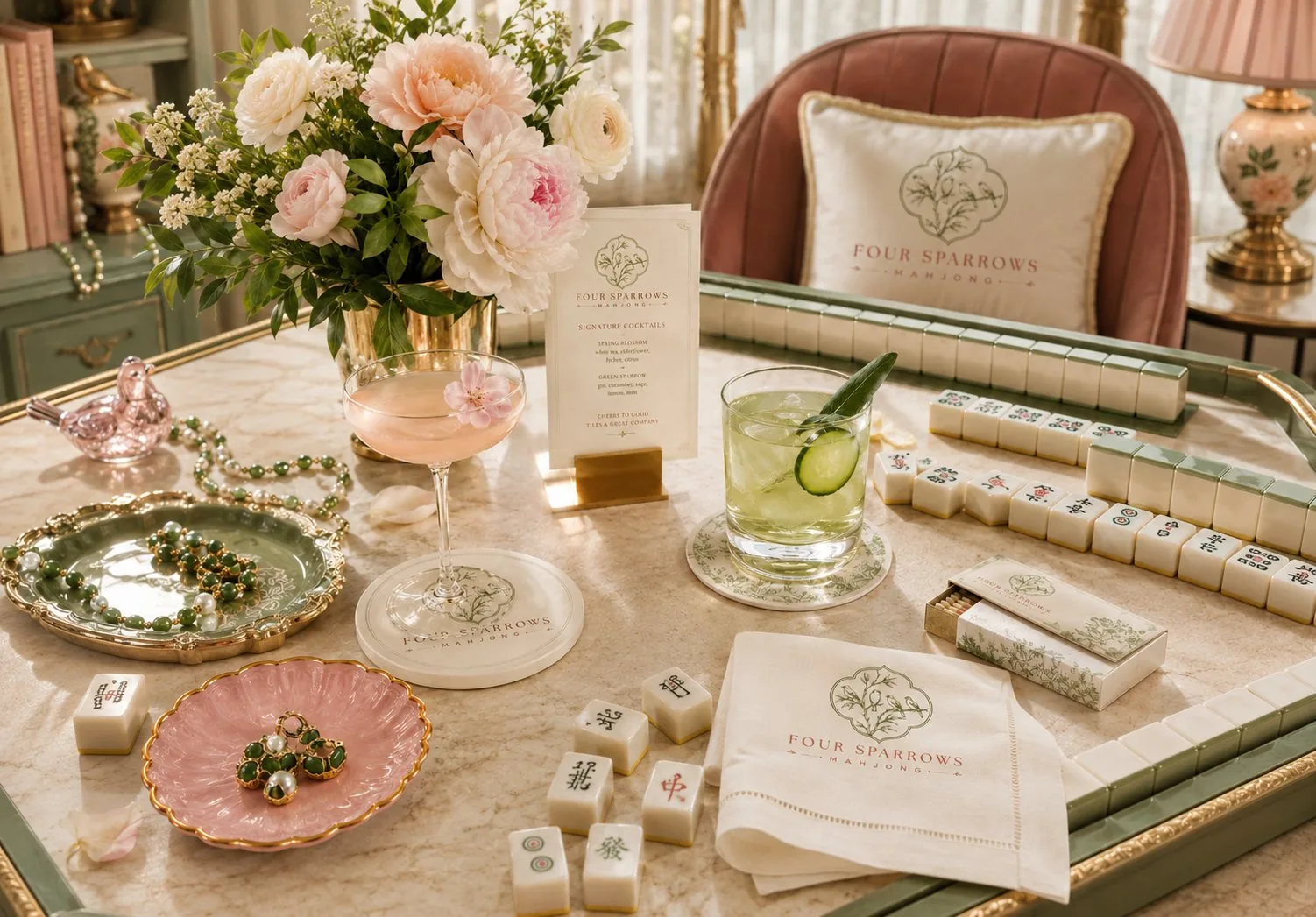 Four Sparrows Mahjong table service with branded napkins, cocktails, jewelry, flowers, and mahjong tiles