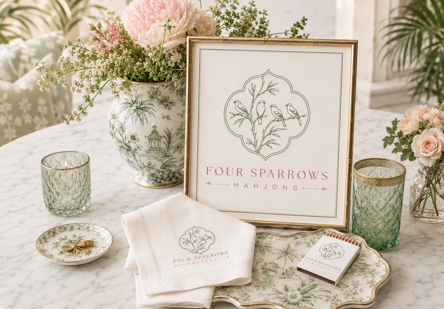 Four Sparrows Mahjong framed logo, embroidered napkin, matchbox, tableware, and botanical tabletop display