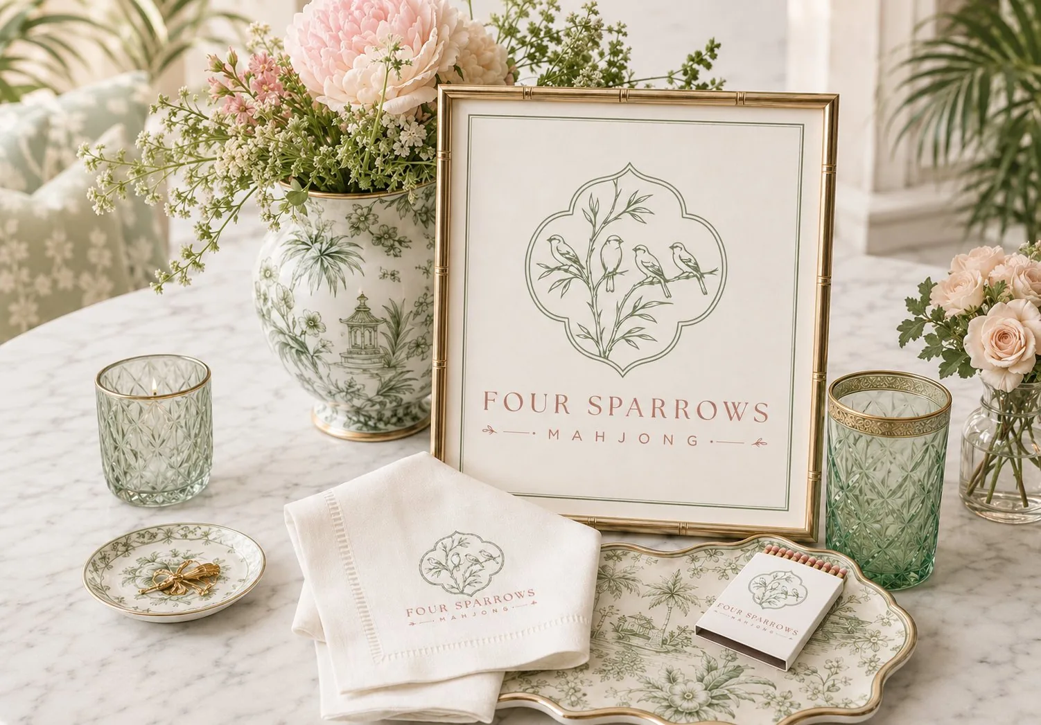 Four Sparrows Mahjong framed logo, embroidered napkin, matchbox, tableware, and botanical tabletop display