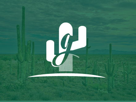 White Gallick Properties logo featuring a stylized saguaro cactus integrating the letter 'g', overlaid on a deep green-tinted Arizona desert landscape.