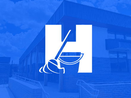 HOC Handover Cleaning logo featuring a stylized 'H' with a mop and bucket icon, overlaid on a blue-tinted commercial building background.