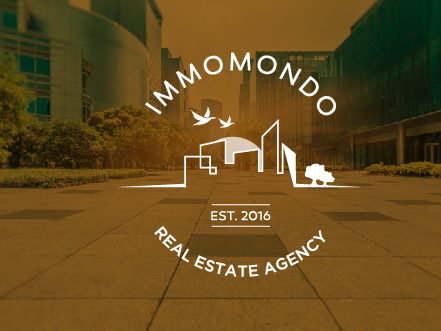 White Immomondo logo featuring a line-art cityscape and birds, overlaid on a warm-toned photograph of a modern office complex in Germany.
