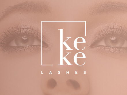 White Keke Lashes logo featuring elegant typography inside a square frame, overlaid on a soft pink-tinted beauty portrait.