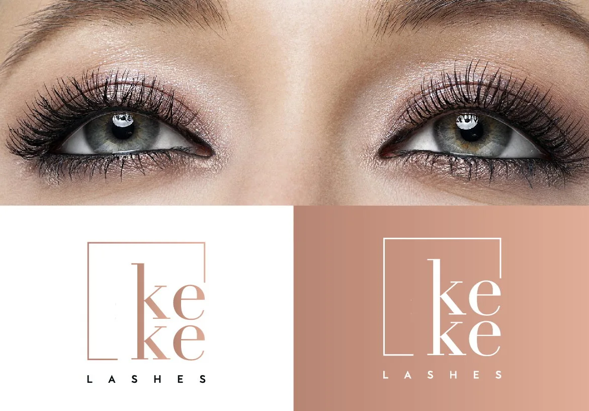 Brand identity collage showcasing detailed eyelash extensions on a model with the logo on white and dusty rose backgrounds