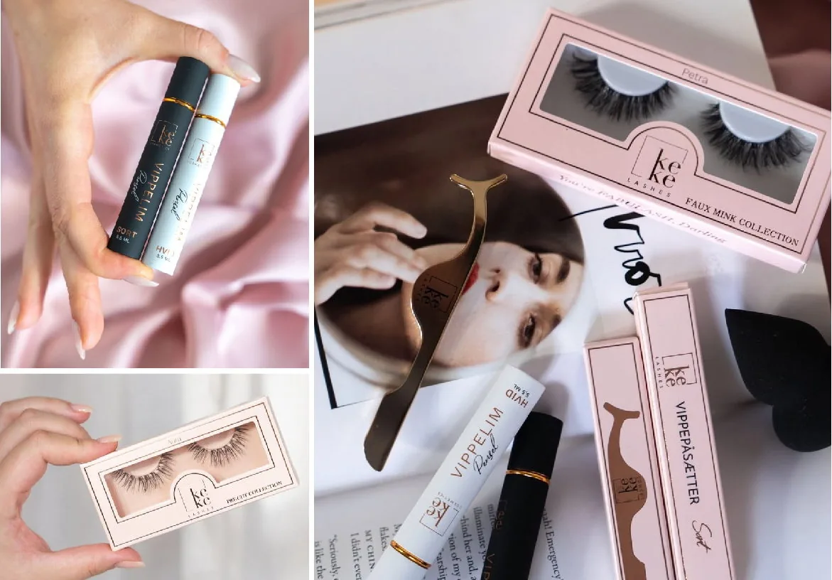 Close-up of Keke Lashes gold application tools and glue with fashion magazines and pink branding