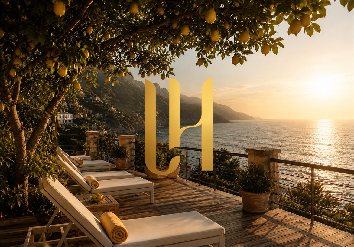 Lauren Halcovich monogram branding on a California coastal terrace at golden hour