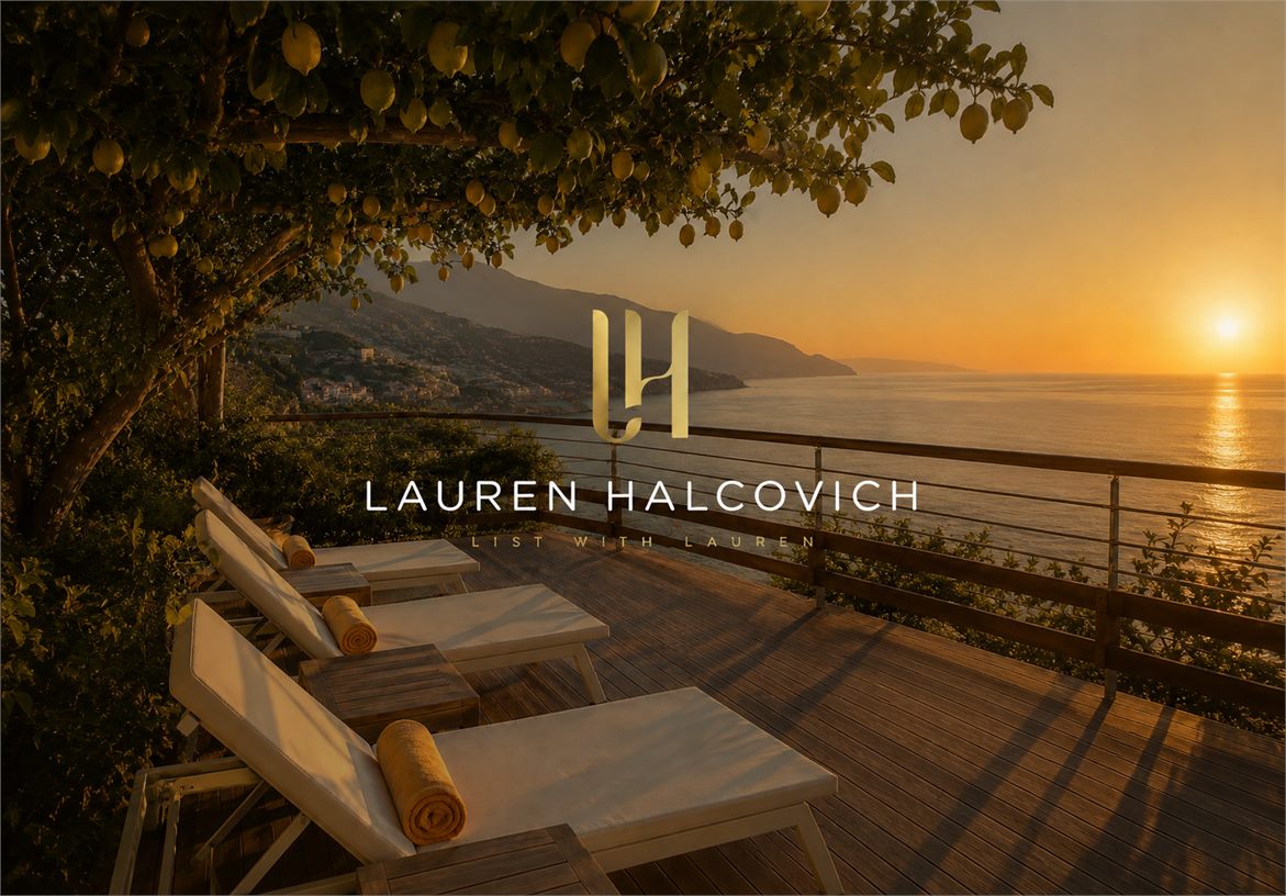 Lauren Halcovich wordmark over a warm coastal terrace scene with ocean sunset views