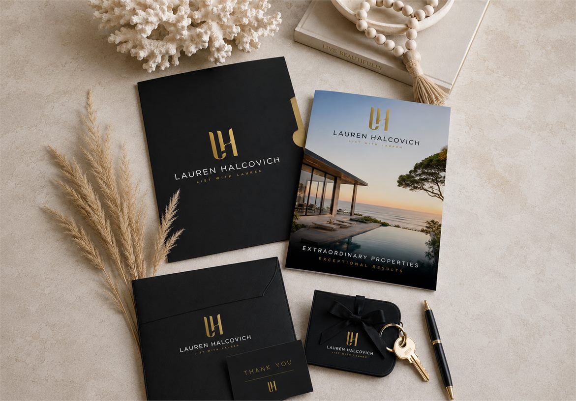 Lauren Halcovich listing presentation and real estate collateral with logo notebook keys and property brochure
