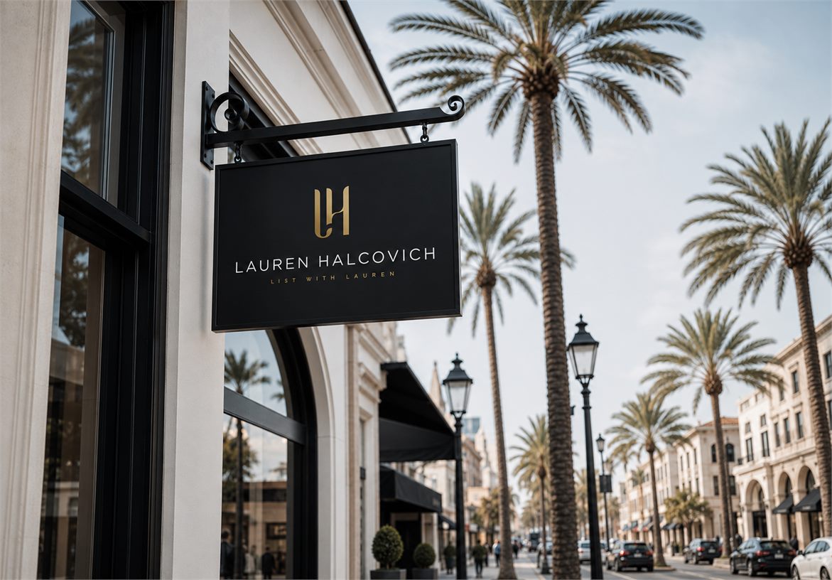 Exterior hanging sign for Lauren Halcovich luxury real estate branding on a palm-lined California street