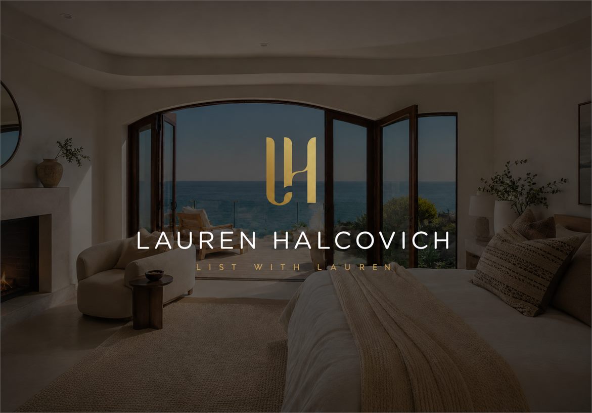Lauren Halcovich gold LH monogram overlay in a serene ocean-view luxury bedroom