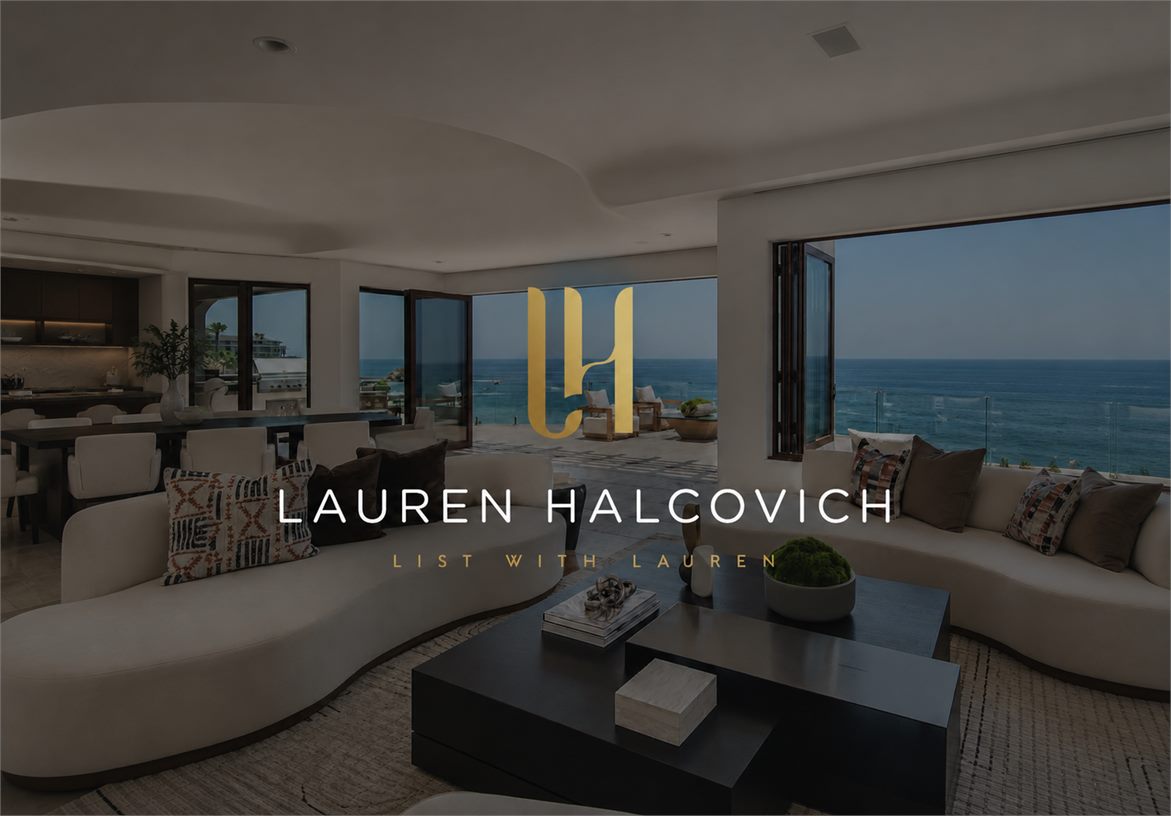 Lauren Halcovich wordmark and monogram applied over an oceanfront living room brand image