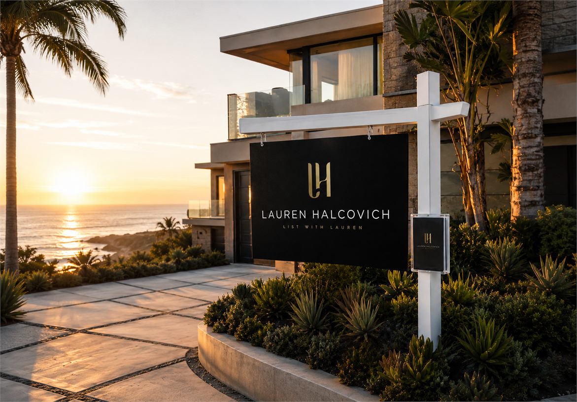 Lauren Halcovich branded property sale sign outside a coastal luxury home at sunset