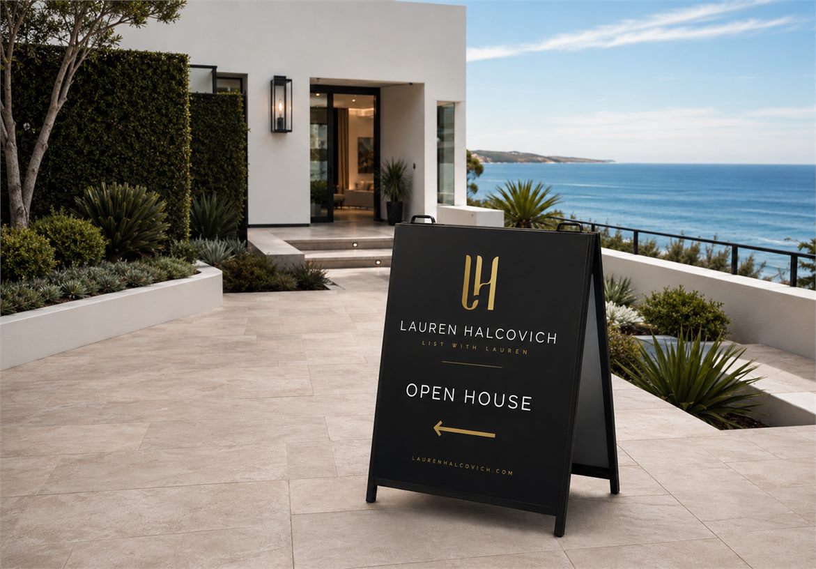Lauren Halcovich open house signage for a coastal real estate property