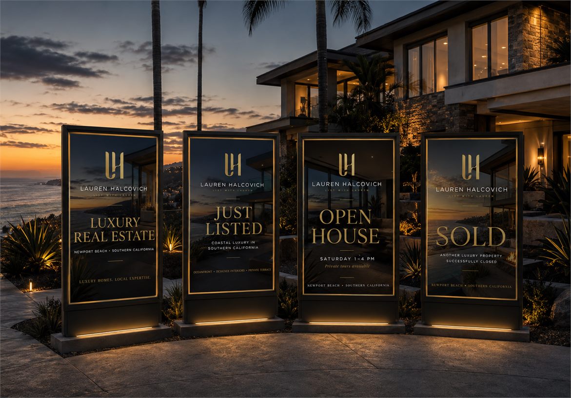 Lauren Halcovich real estate signage suite with luxury real estate just listed open house and sold signs