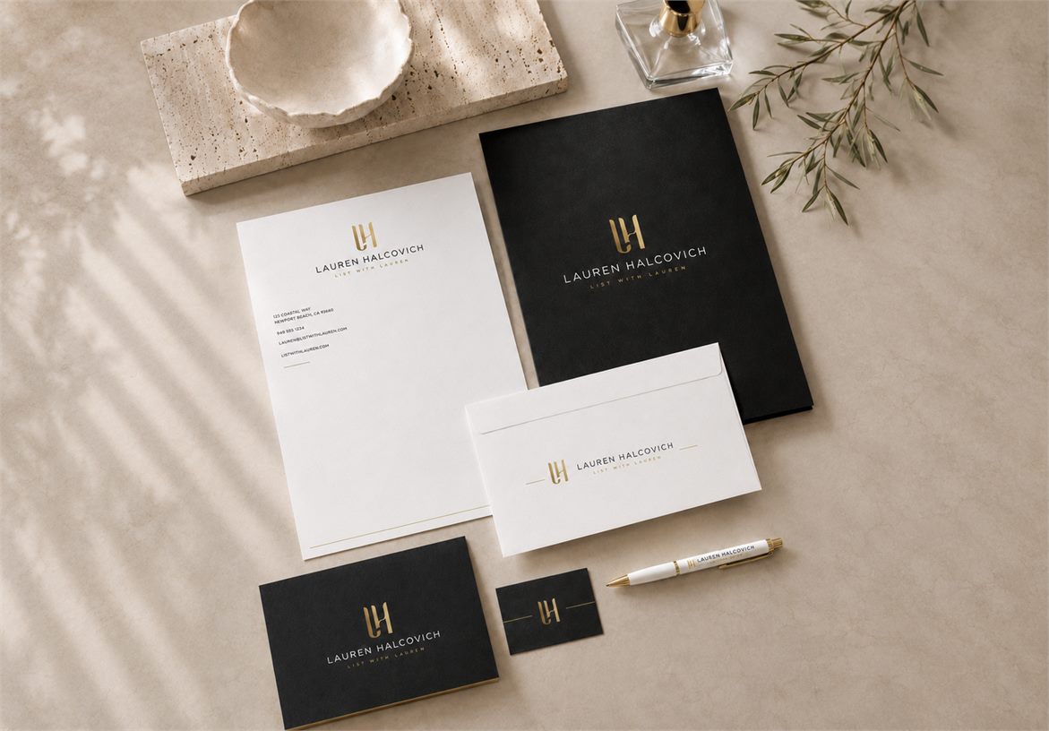 Lauren Halcovich stationery system with letterhead notebook business cards and gold LH monogram