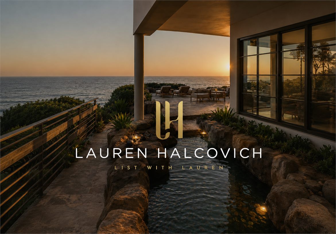 Lauren Halcovich wordmark branding over a sunset patio and coastal infinity pool