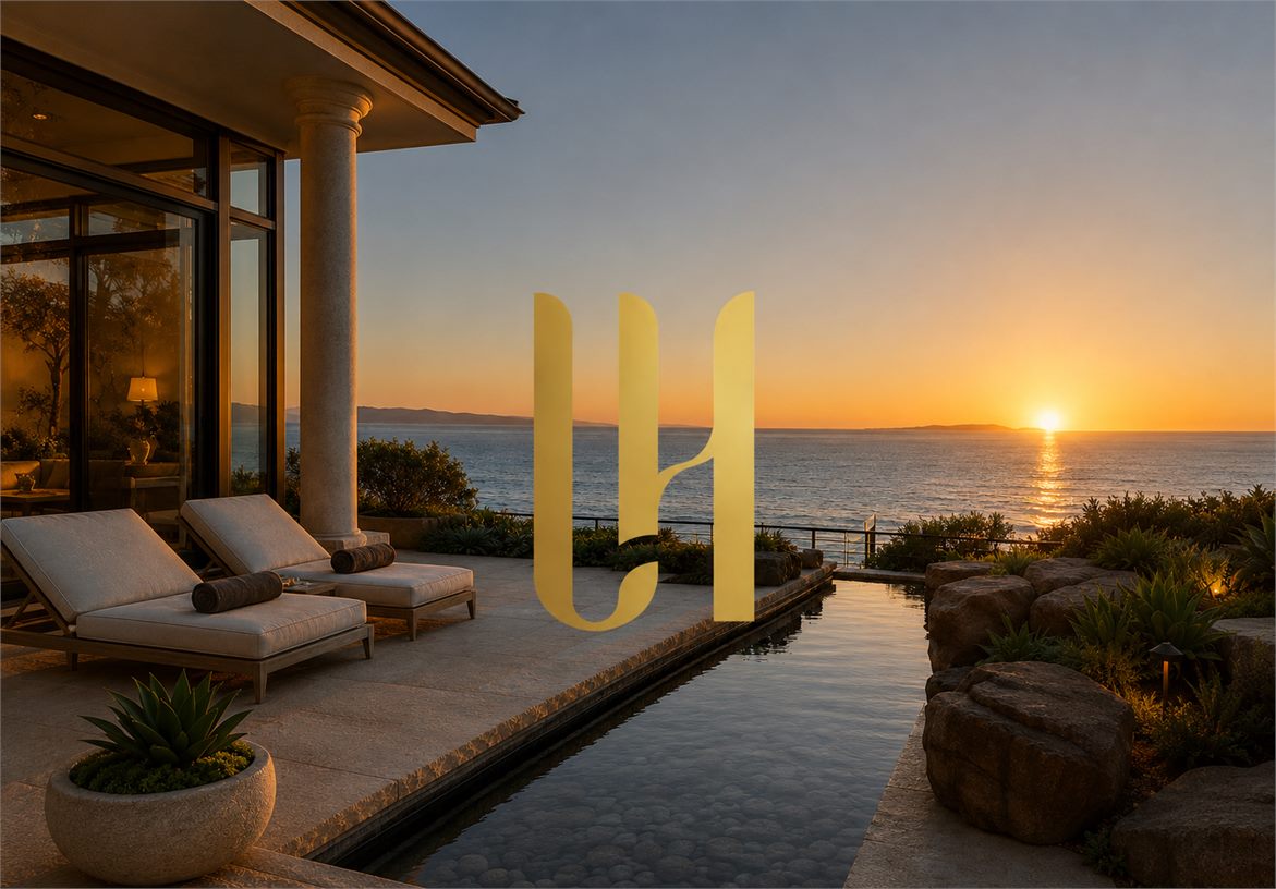 Lauren Halcovich gold monogram branding beside a sunset infinity pool overlooking the ocean